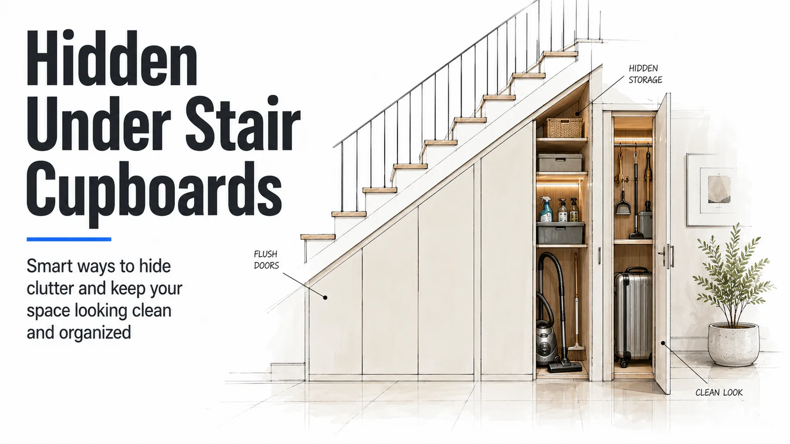 Hidden under stair cupboards with flush doors, cleaning storage, luggage storage, and concealed shelves