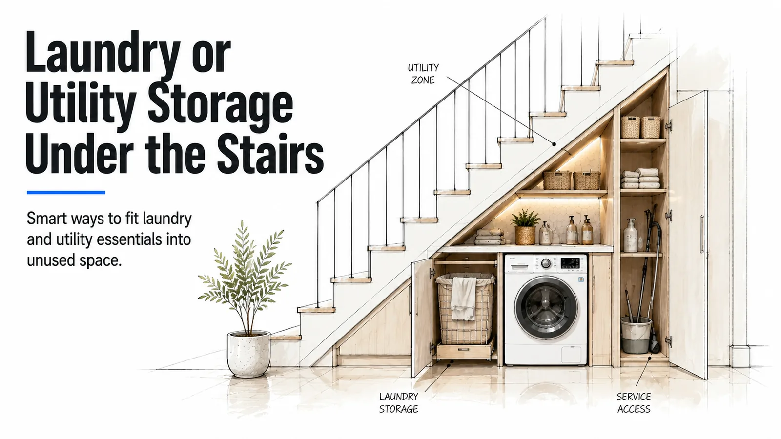 Laundry and utility storage under the stairs with washing machine, laundry basket, shelves, and service access