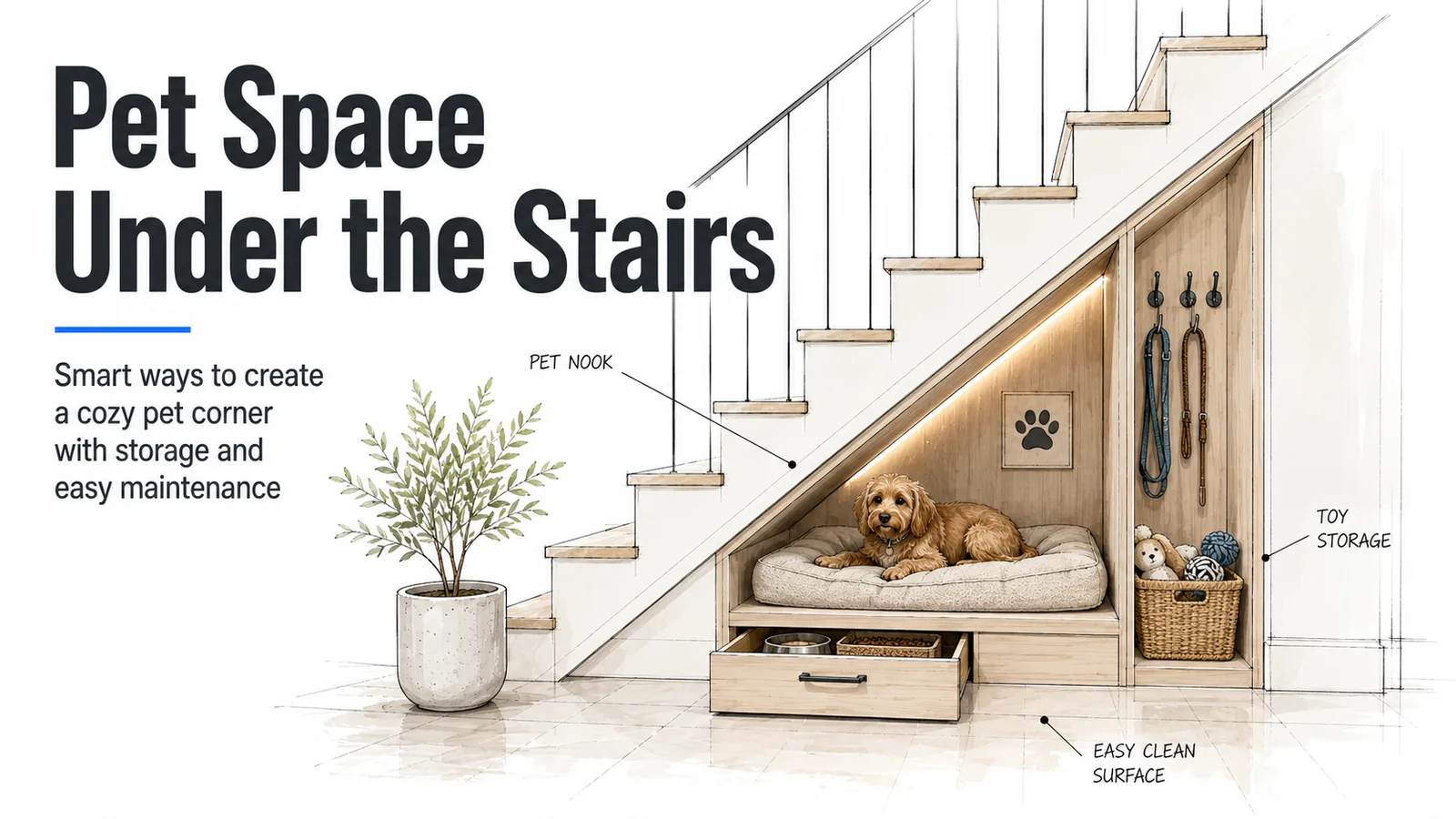Pet space under the stairs with dog bed, toy storage, leash hooks, and easy clean surfaces