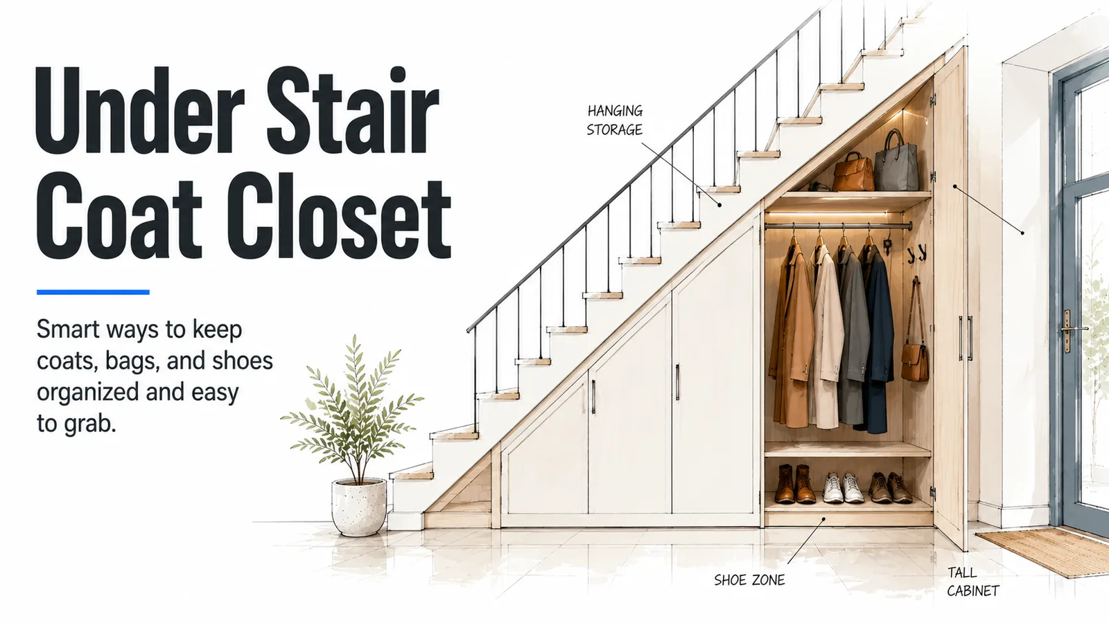 Under stair coat closet with hanging rail, shoe zone, hooks, and tall cabinet storage