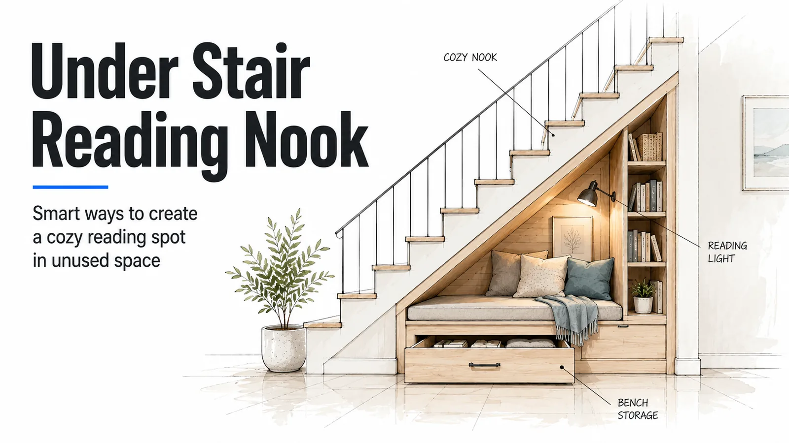 Under stair reading nook with built-in bench, cushions, reading light, bookshelves, and bench storage
