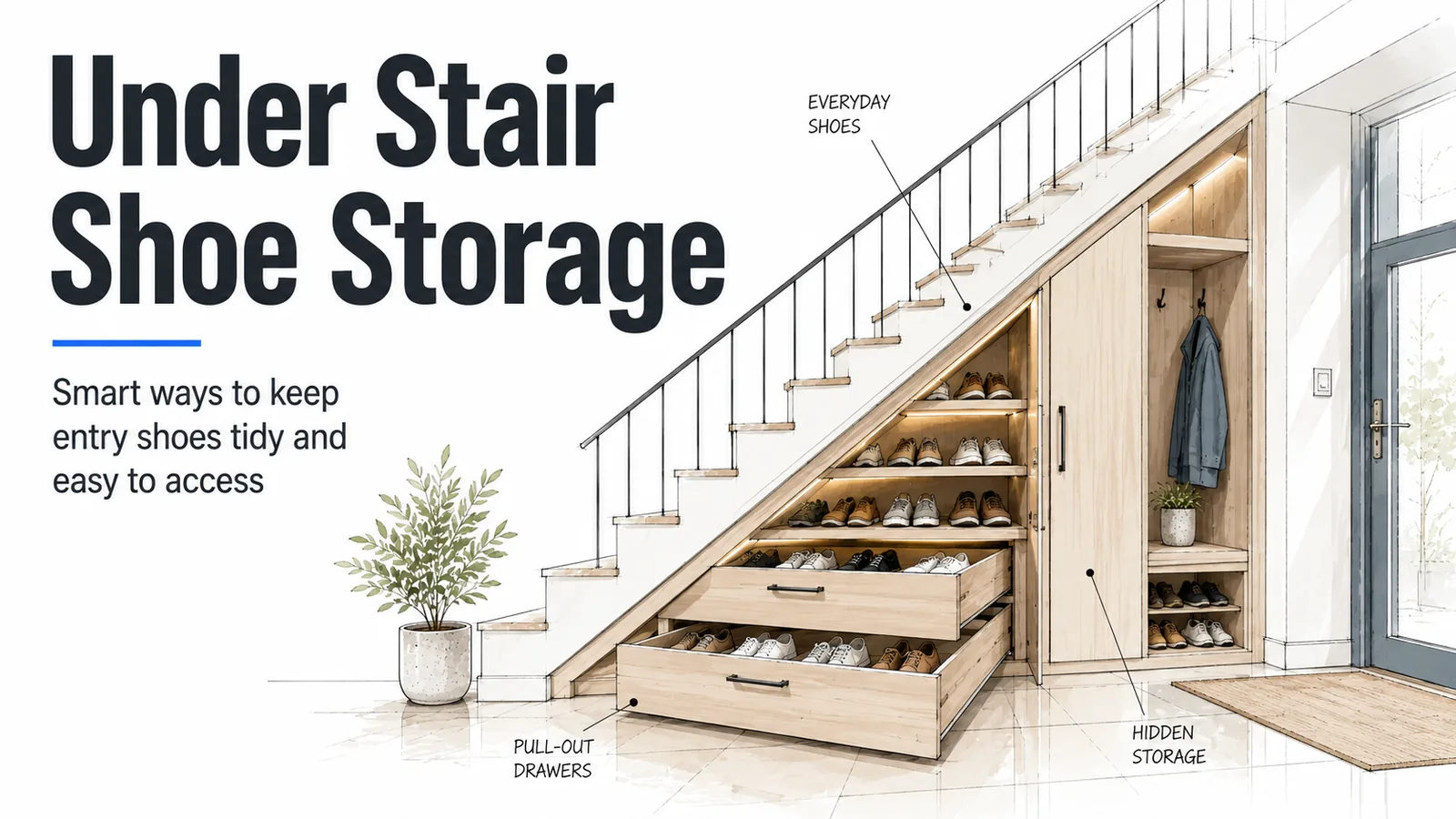 Under stair shoe storage with pull-out drawers, open shoe shelves, and hidden entry storage