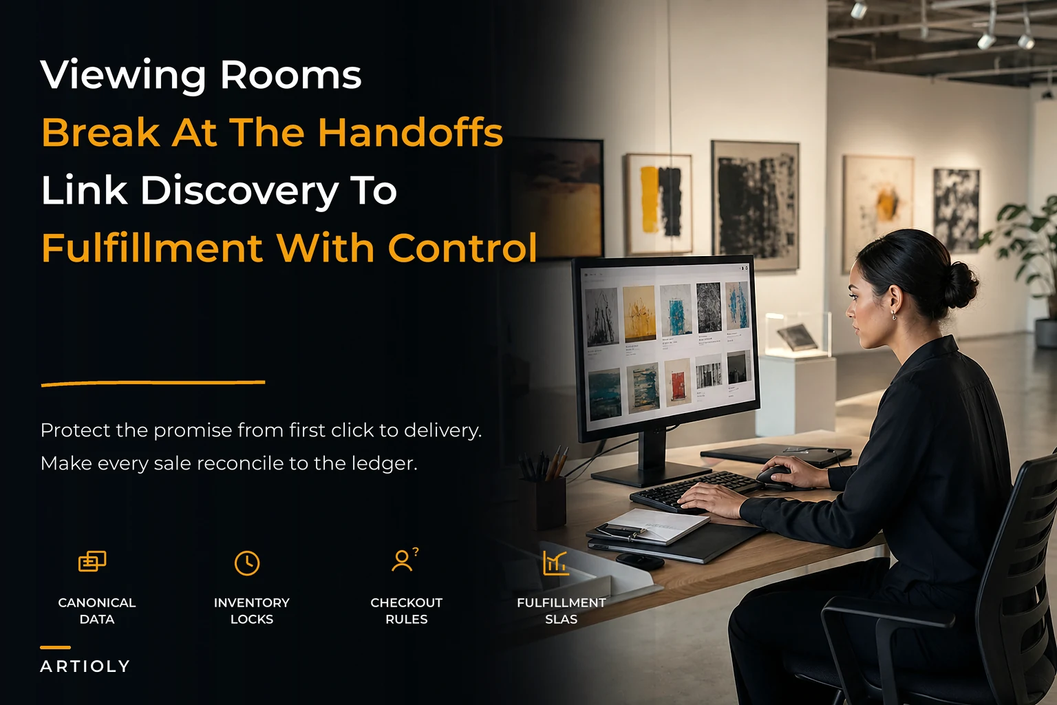 Design a gallery viewing-room system that links discovery to fulfillment