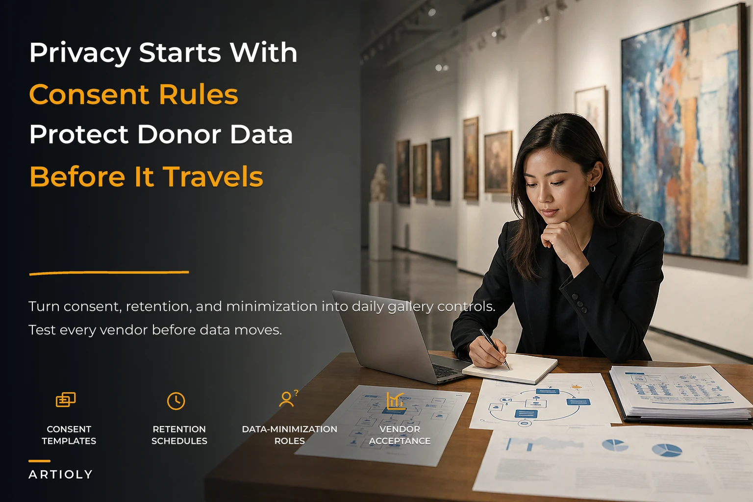 Gallery data privacy and consent governance for donor and customer data