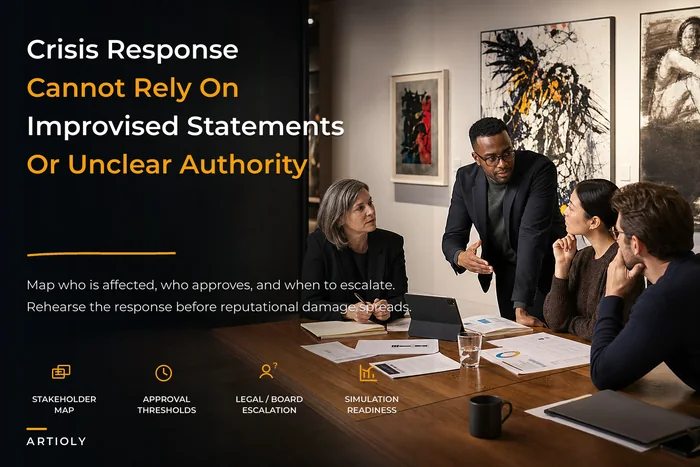 Gallery reputation and crisis governance for press, artists and collectors