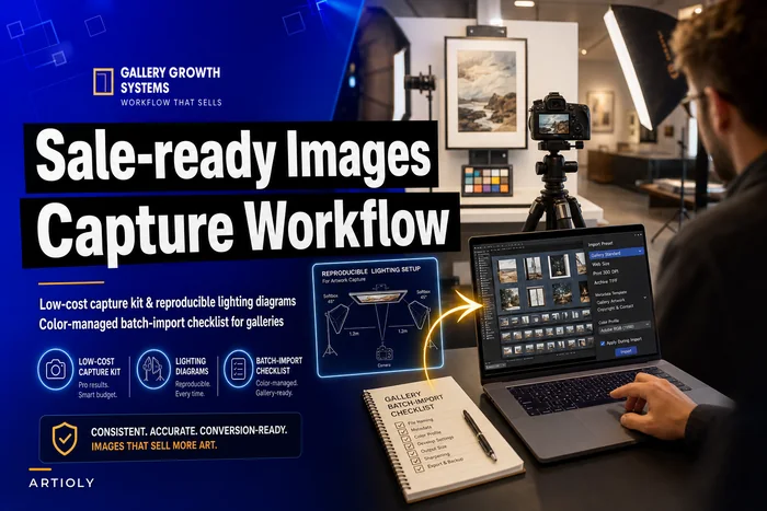 Sale-ready artwork images: a low-cost capture kit, lighting diagrams and batch-import checklist for galleries