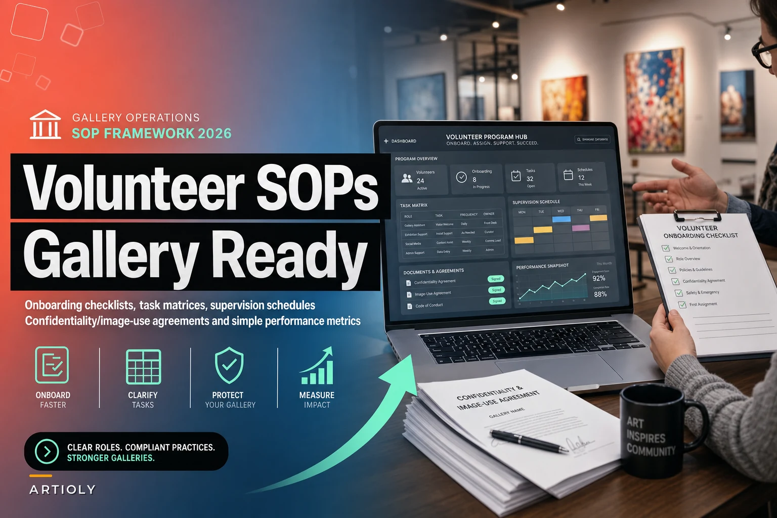 Volunteer & intern program SOP: onboarding, task matrices and legal basics for small galleries