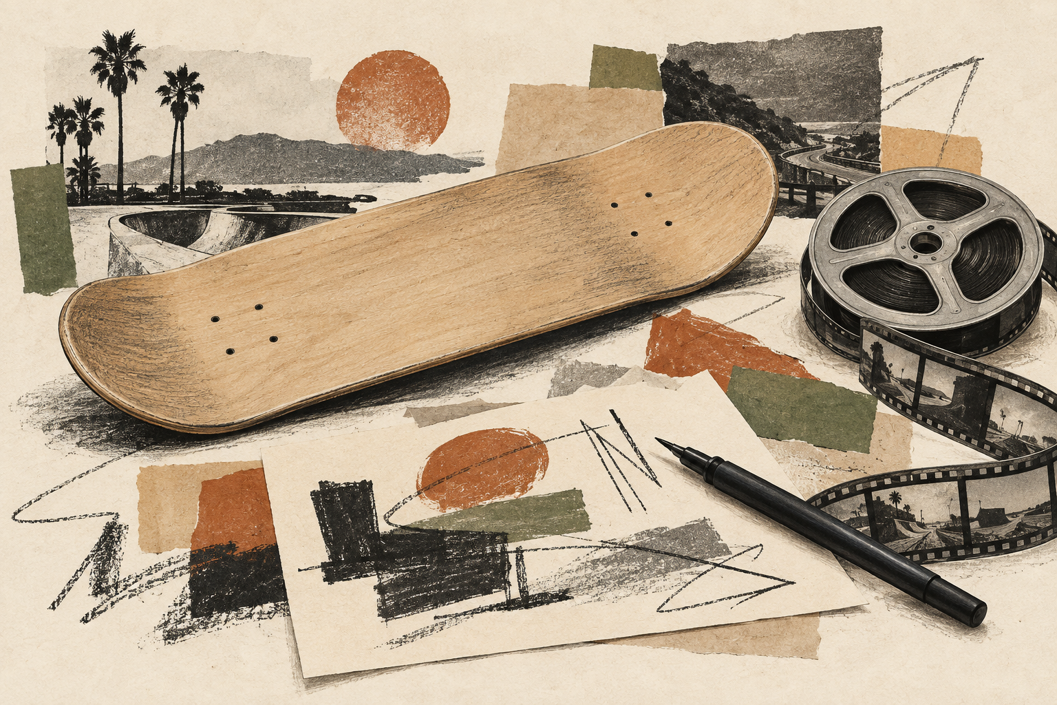 Skateboard deck, drawing tools and film reel arranged in an editorial collage.