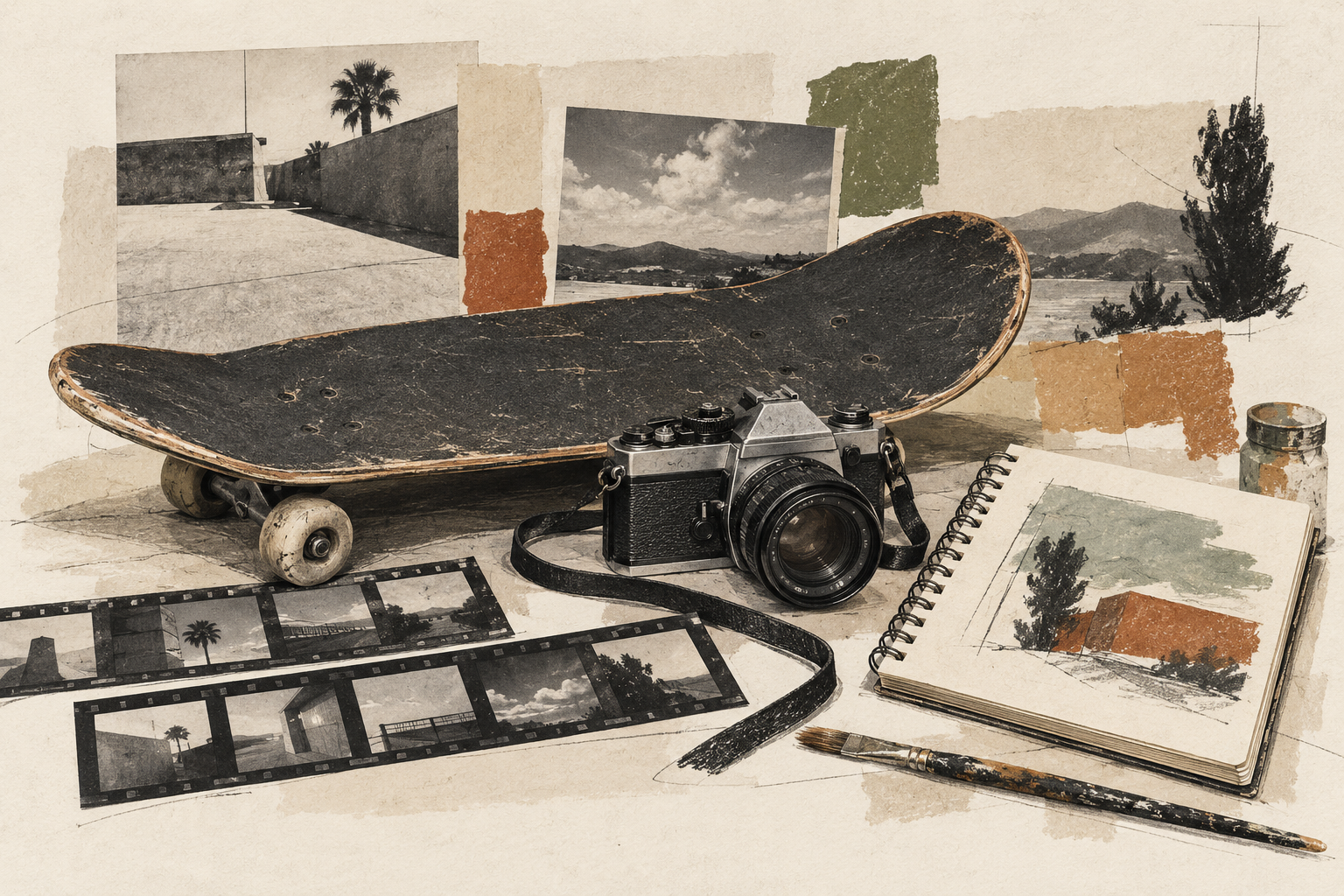 Skateboard, camera and sketchbook in a conceptual collage about creative practice.