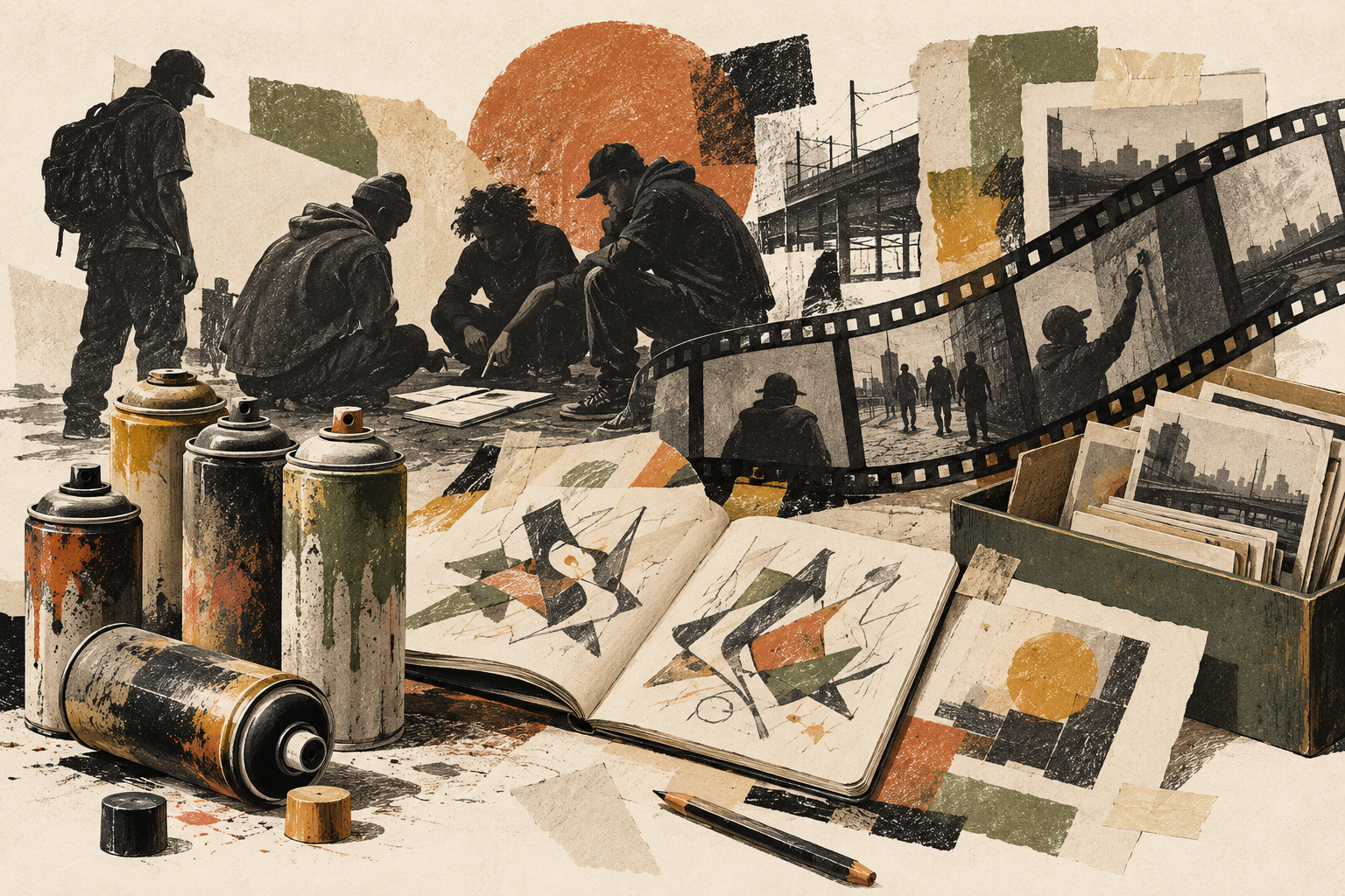 Conceptual collage of spray cans, sketchbooks and documentary film strips.