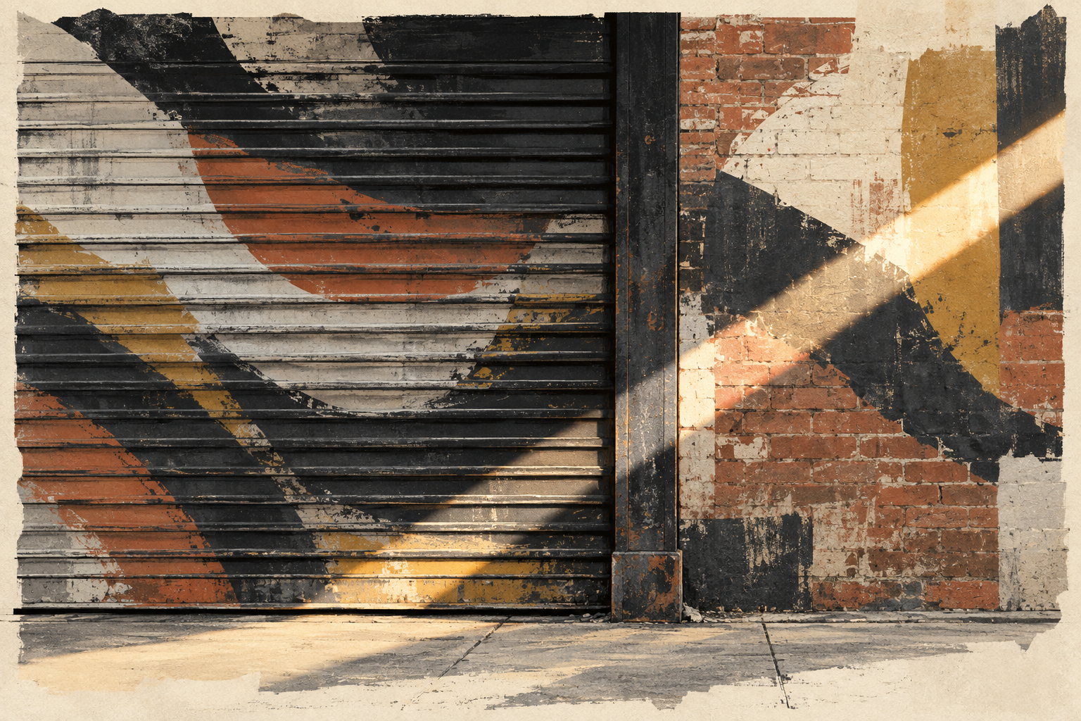 Abstract urban textures, a roller shutter and painted surfaces suggesting movement.