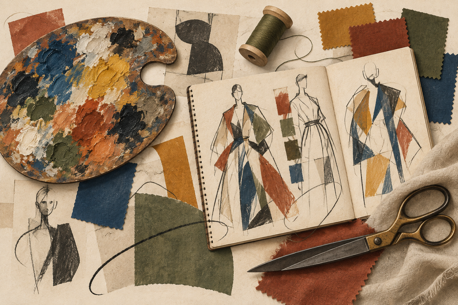 Paint palette, fabric swatches and an imaginary fashion sketchbook.