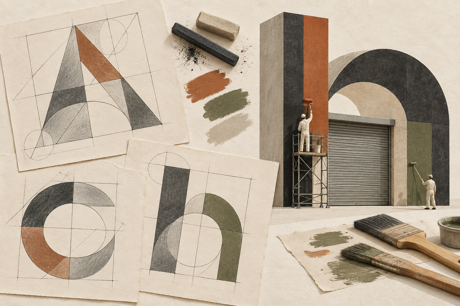 Geometric letter studies and a fictional wall-painting scene.