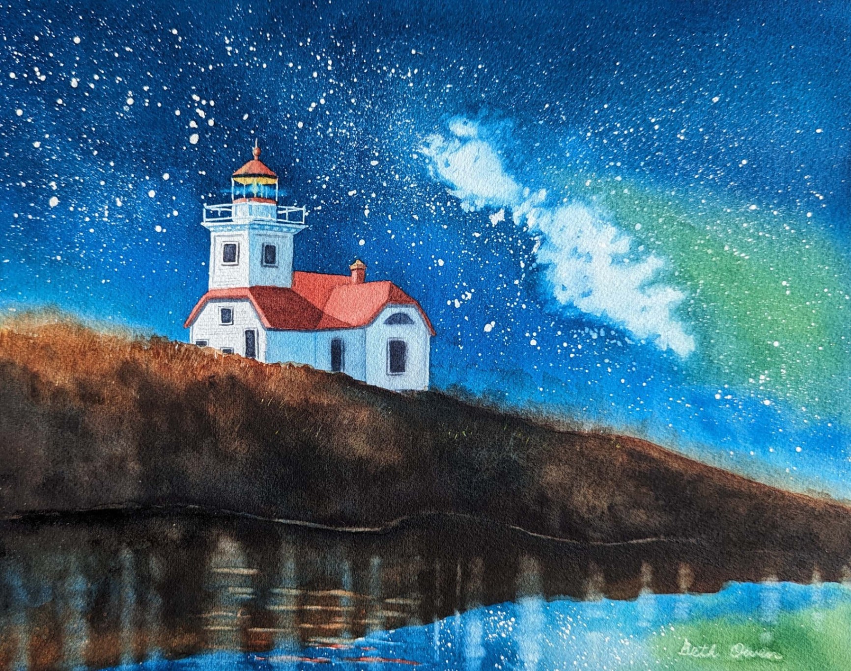 Watercolor Starry Night at Patos Lighthouse Painting