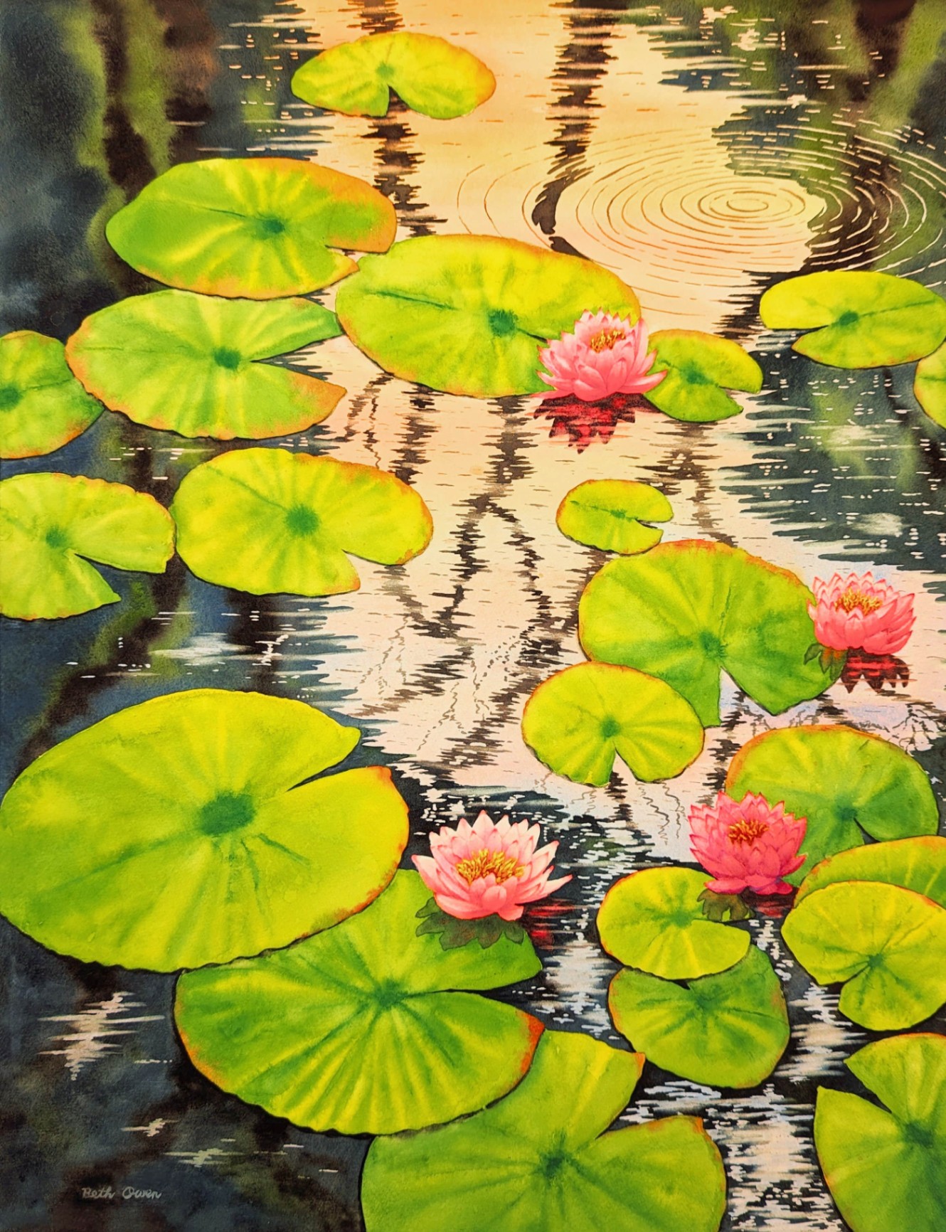 Watercolor Water Lily Sunrise Painting