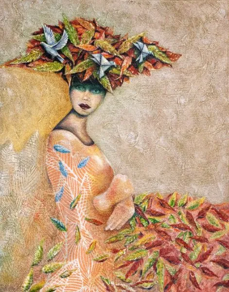 Blue Doves in Crimson Leaves — image 1 of 1