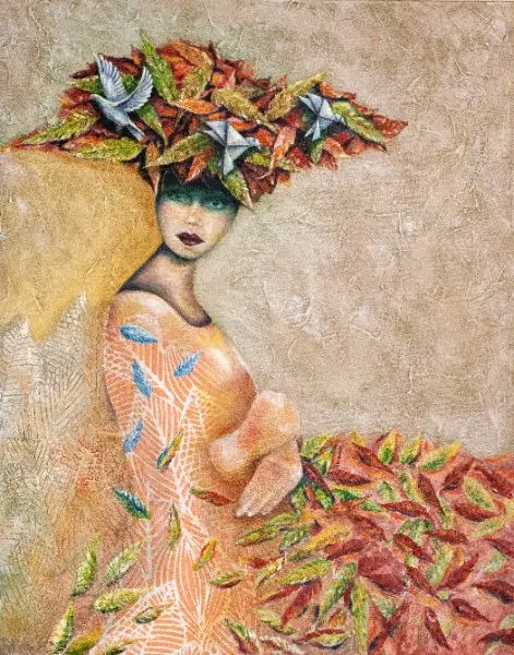 Blue Doves in Crimson Leaves