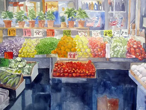 Farmers Market Original Watercolor Painting, Bruce Black Fine Art
