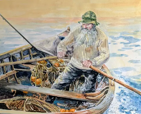 Old Man And The Sea traditional figurative watercolor