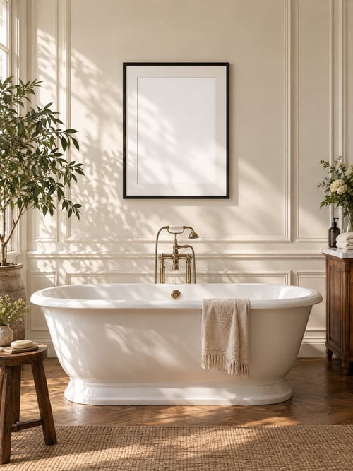 Bathroom – black frame with mat — template di mockup per l’arte