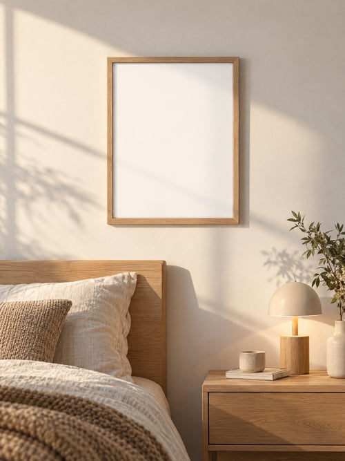 Bedroom – oak frame – Mockup-Vorlage für Kunst