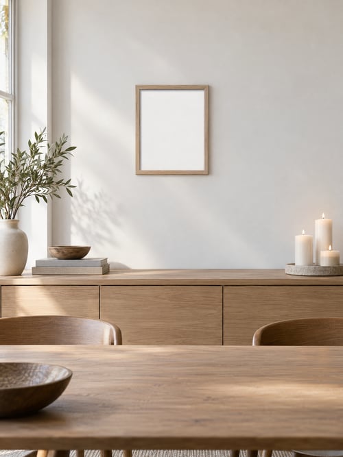 Dining room – oak frame – Mockup-Vorlage für Kunst
