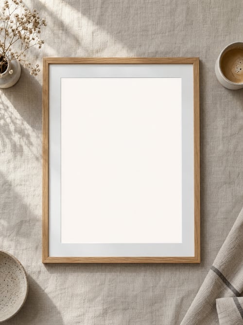 From top – oak frame with mat — art mockup template