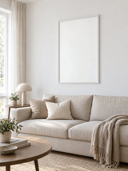 Living room – thin white frame — art mockup template