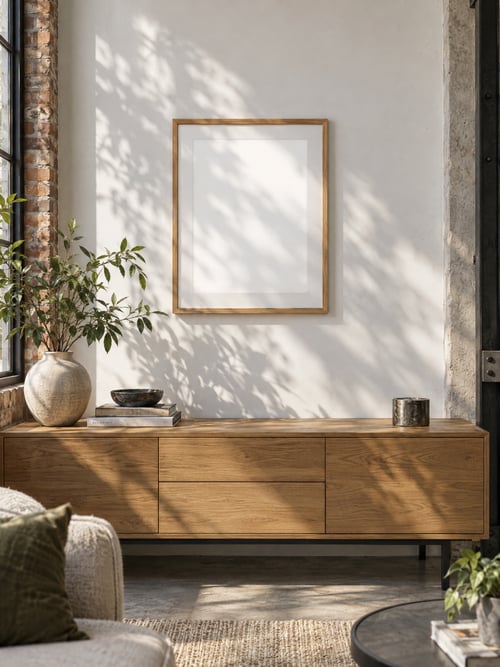 Living room – oak frame with mat — art mockup template