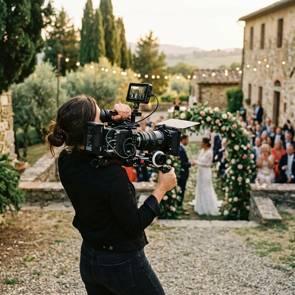 Videomaker al lavoro durante un matrimonio in una villa italiana