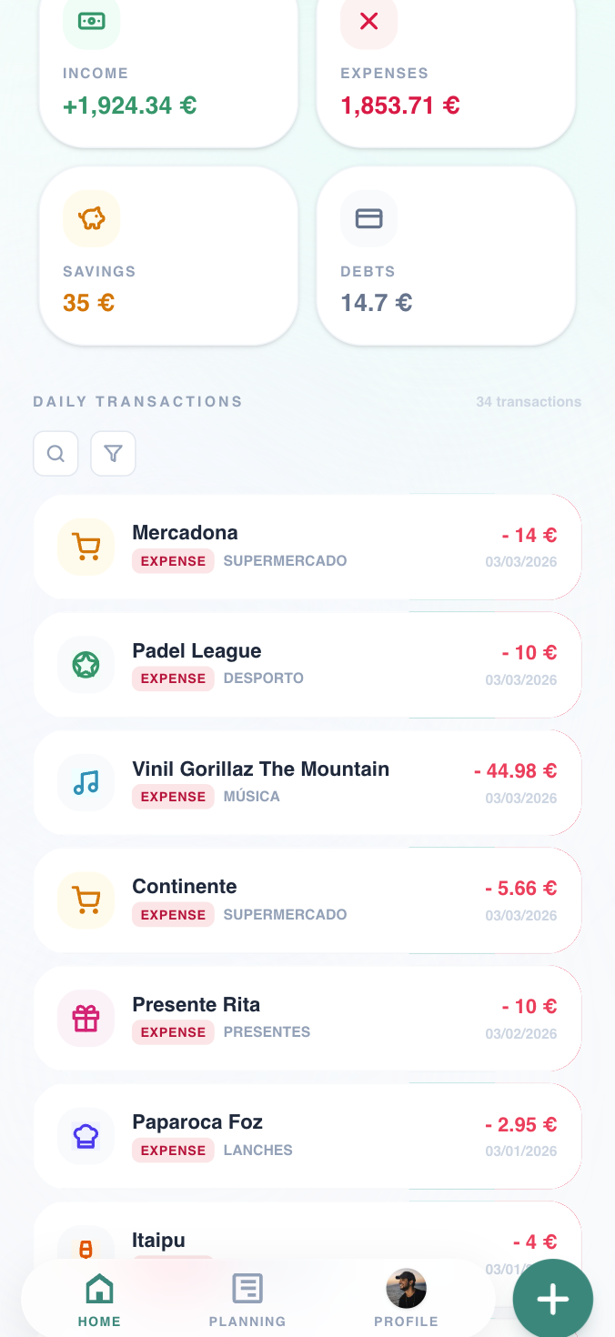Adiconar transações na app de finanças pessoais arvo mobile