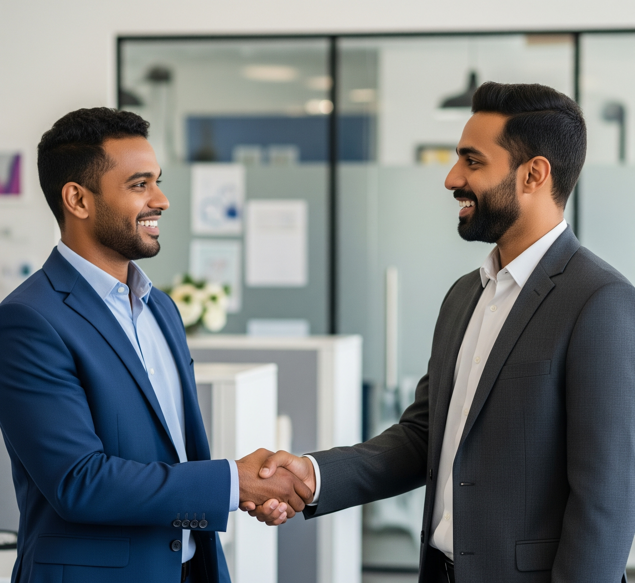 Two people shaking hands over a business deal