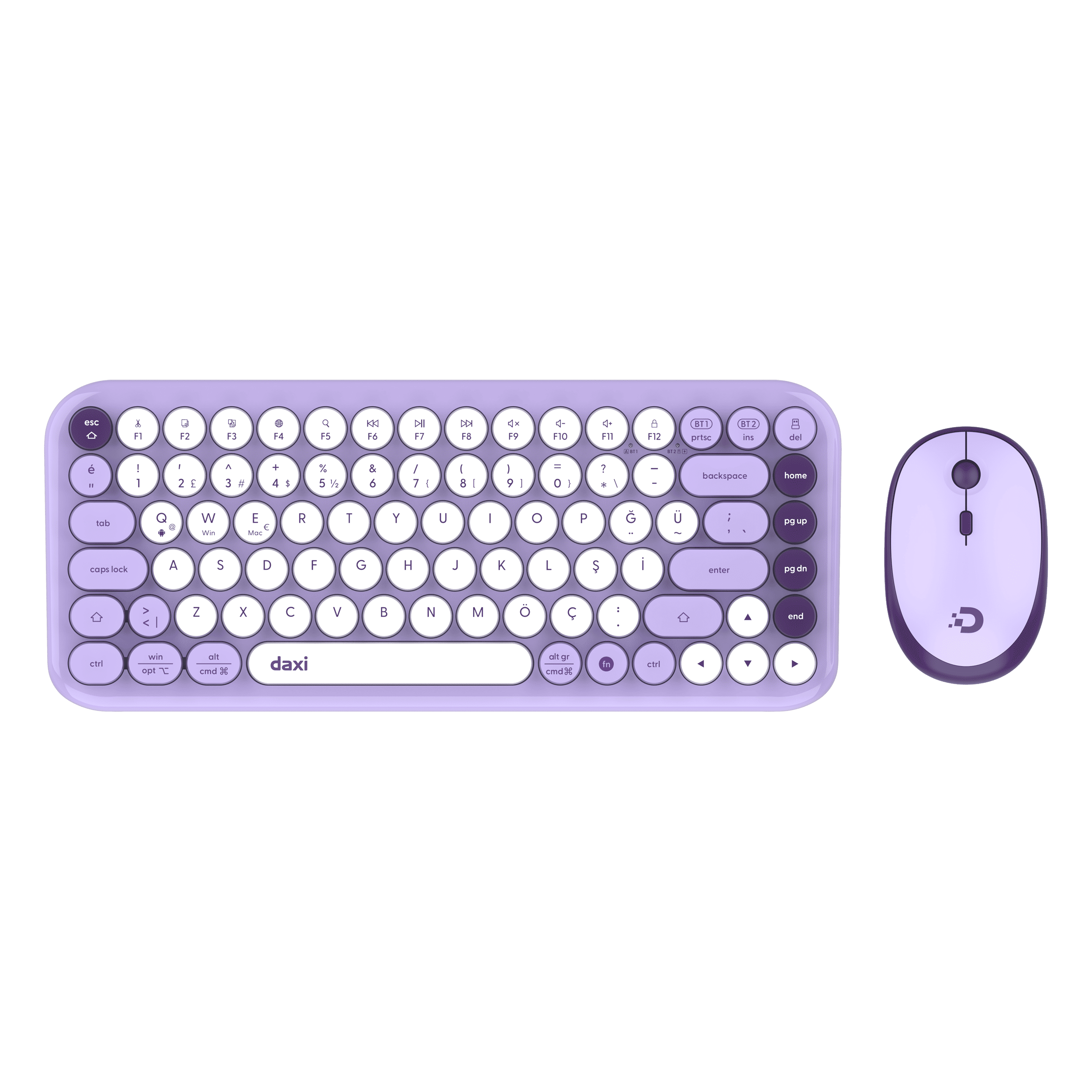 DAXİ MK-340 Klavye Kablosuz Set Bluetooth/ WiFi Lilac Q TR Retro Tuş 3 Cihaza Bağlantı Mini