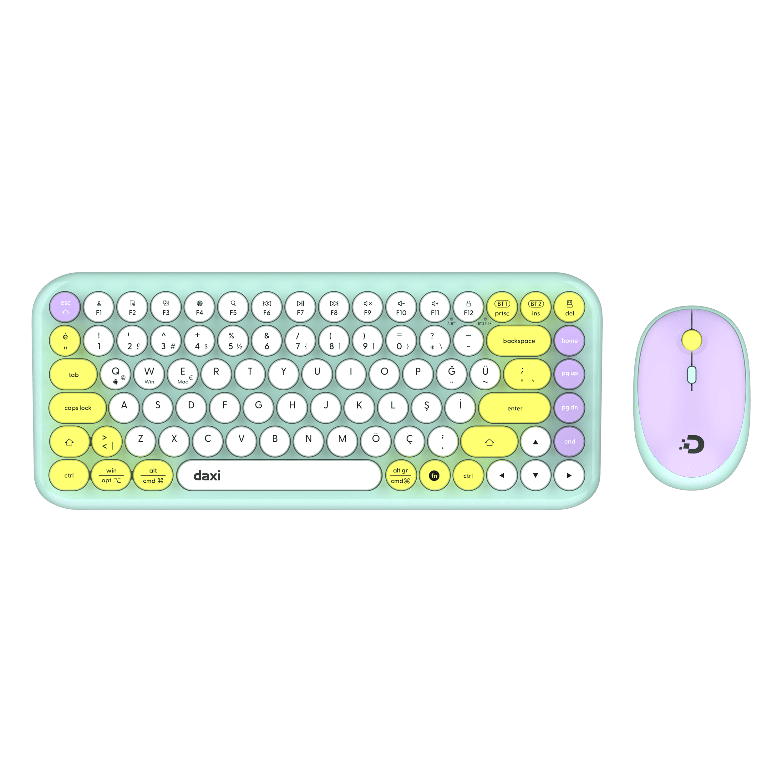 DAXİ MK-340 Klavye Kablosuz Set Bluetooth/ WiFi Mint Green Q TR Retro Tuş 3 Cihaza Bağlantı Mini