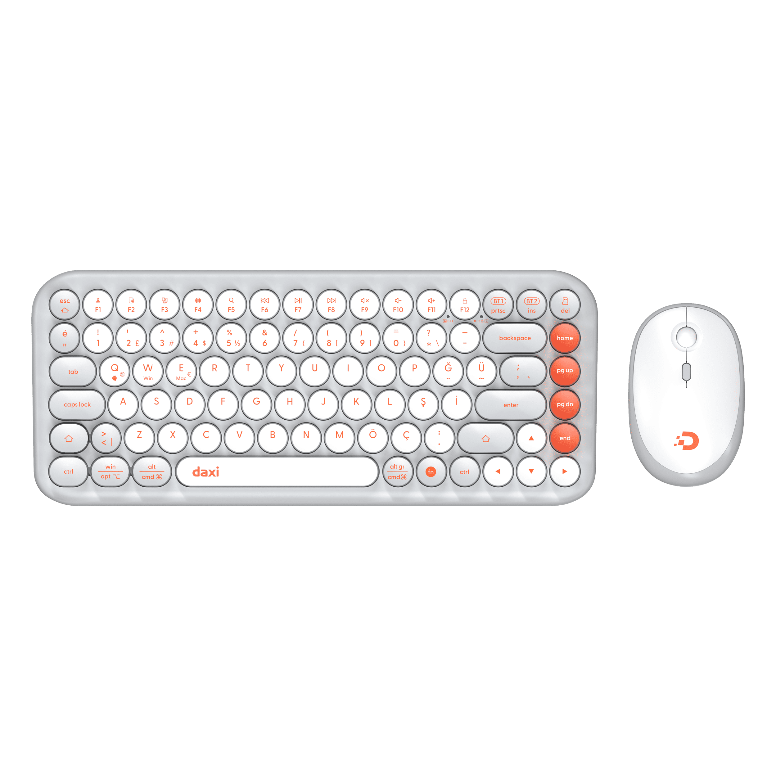 DAXİ MK-340 Klavye Kablosuz Set Bluetooth/ WiFi Orange Grey Q TR Retro Tuş 3 Cihaza Bağlantı Mini