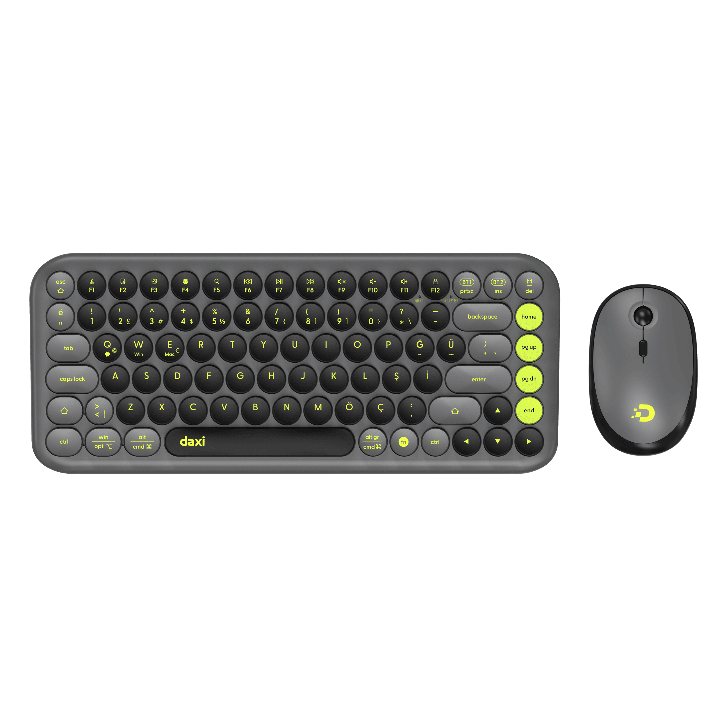 DAXİ MK-340 Klavye Kablosuz Set Bluetooth/ WiFi Green Grey Q TR Retro Tuş 3 Cihaza Bağlantı Mini