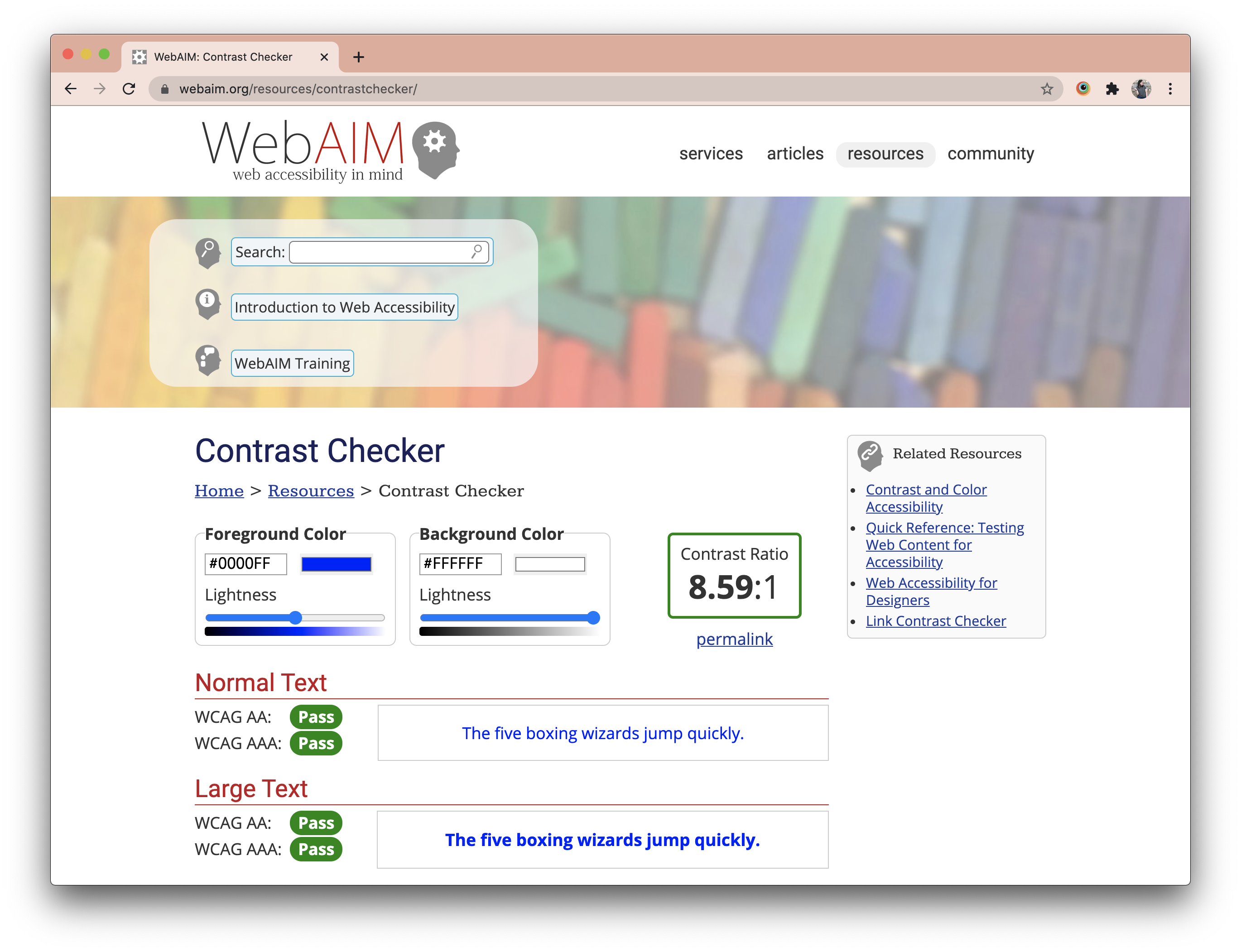 A screenshot of the WebAIM Contrast Checker in action. It shows the overall contrast ratio of two colors to the right of two inputs, and below that it shows whether the contrast passes level AA and AAA standards for both normal and large sized texts.
