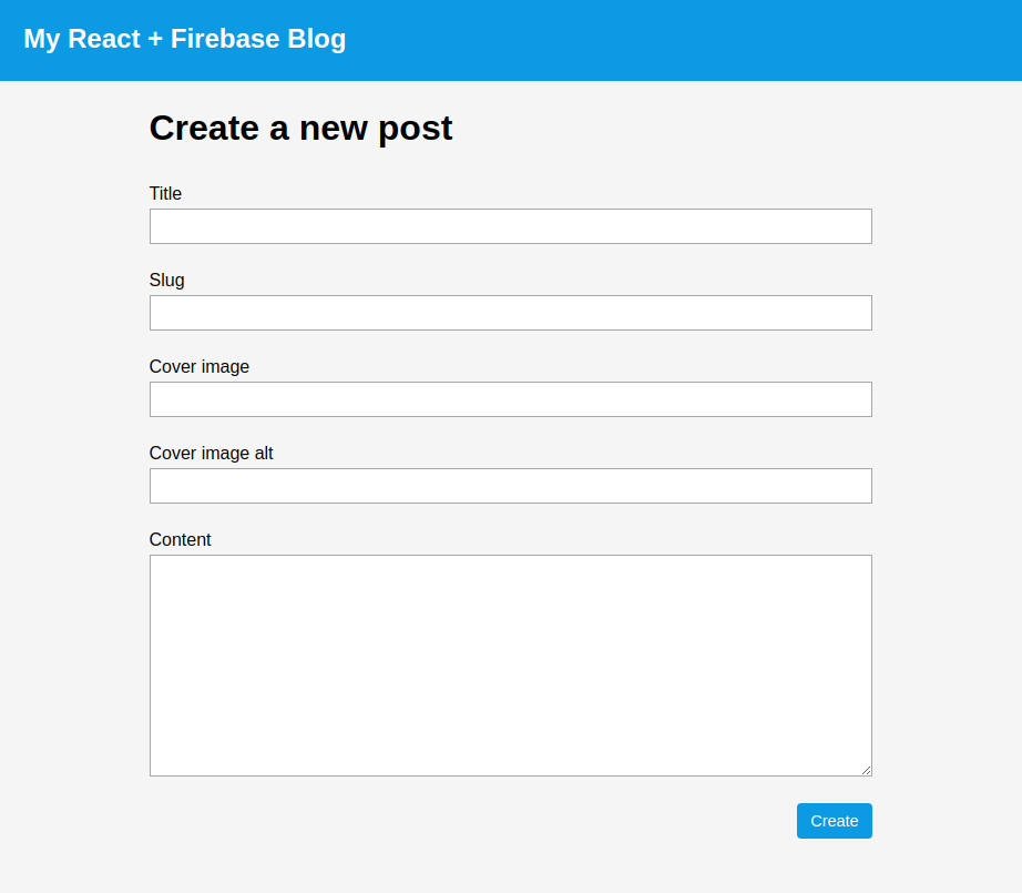 The create page with inputs.