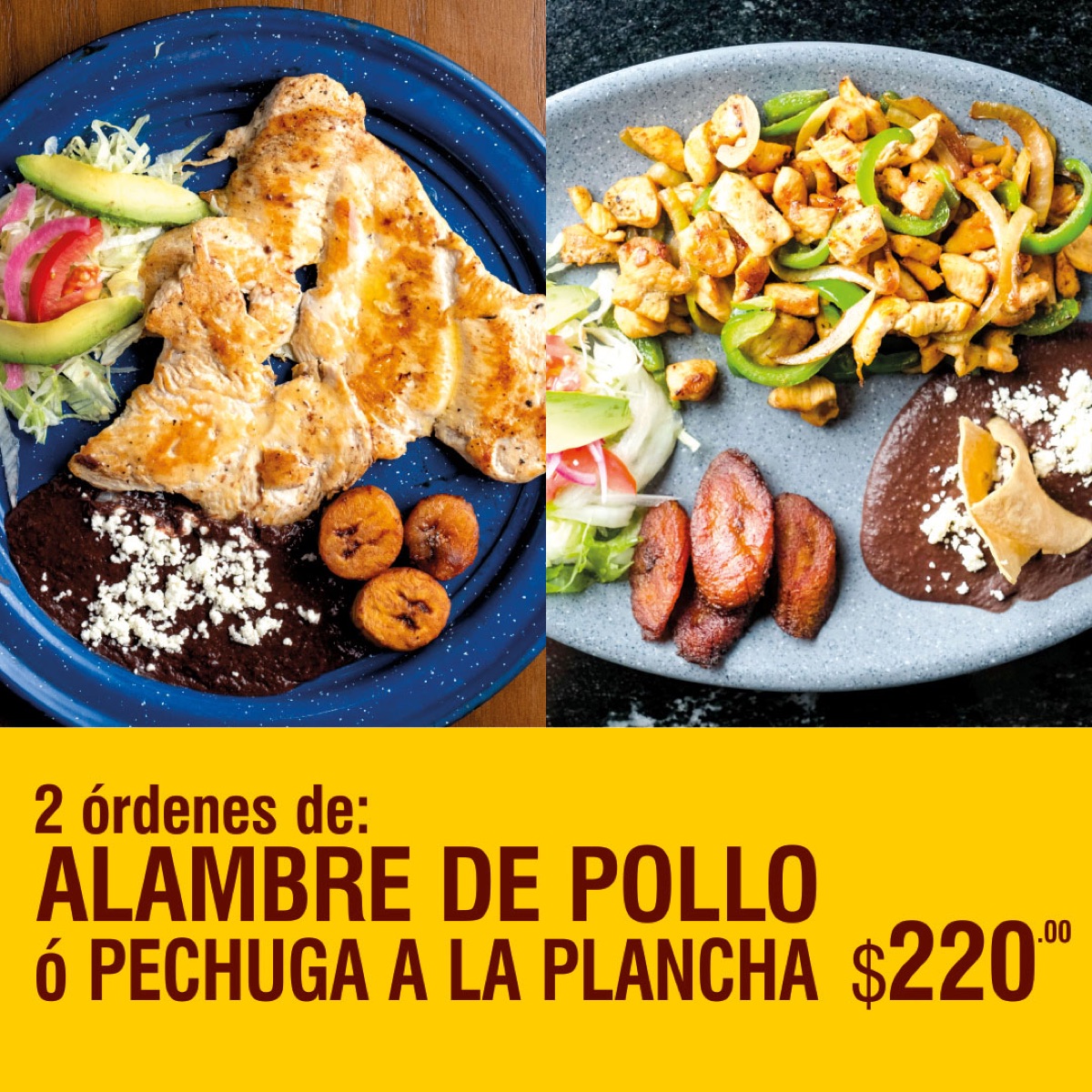 2 ordenes de alambre de pollo con ensalada o 2 ordendes de pechuga a la plancha con ensalada