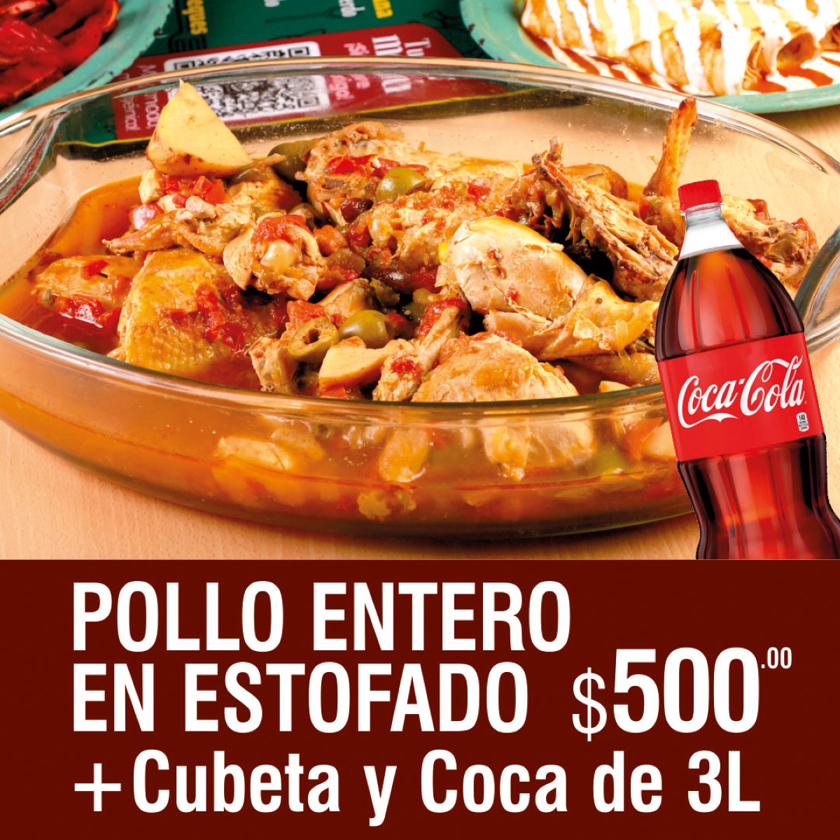 Pollo entero en estofado + cubeta + coca de 3 lts