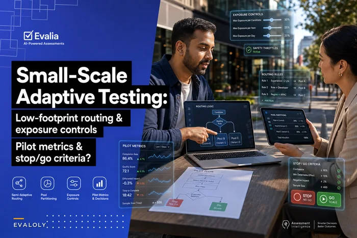 Small-scale adaptive testing: low-footprint routing, exposure controls, and pilot metrics