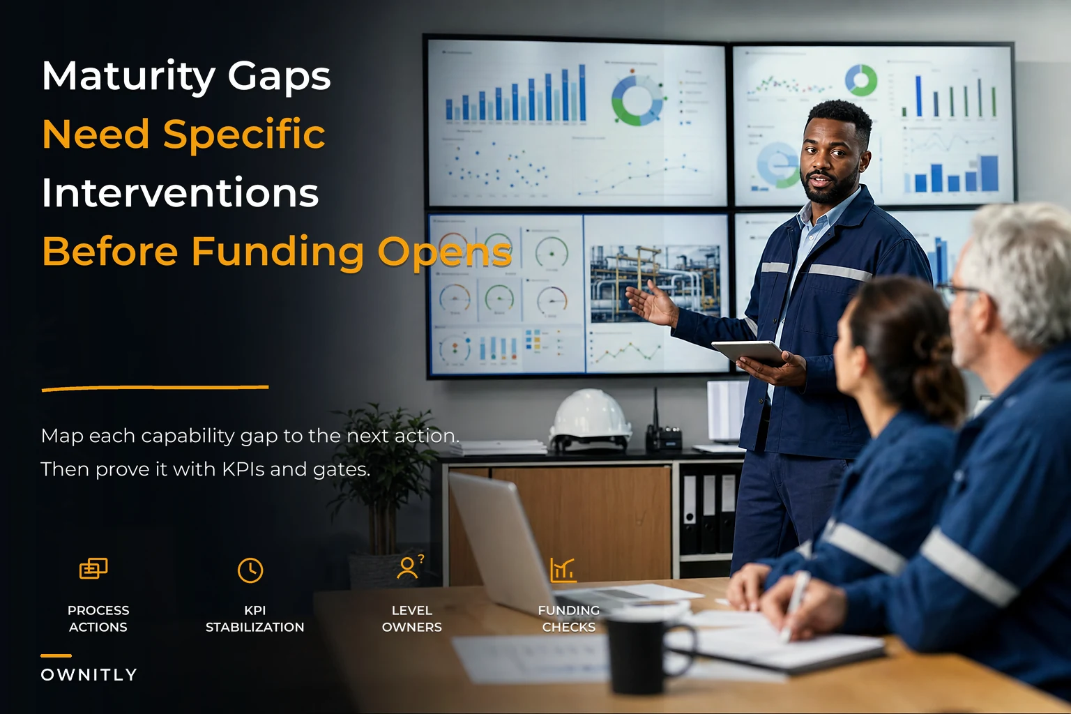 A maintenance maturity model that links capability gaps to concrete interventions, KPIs and funding gates