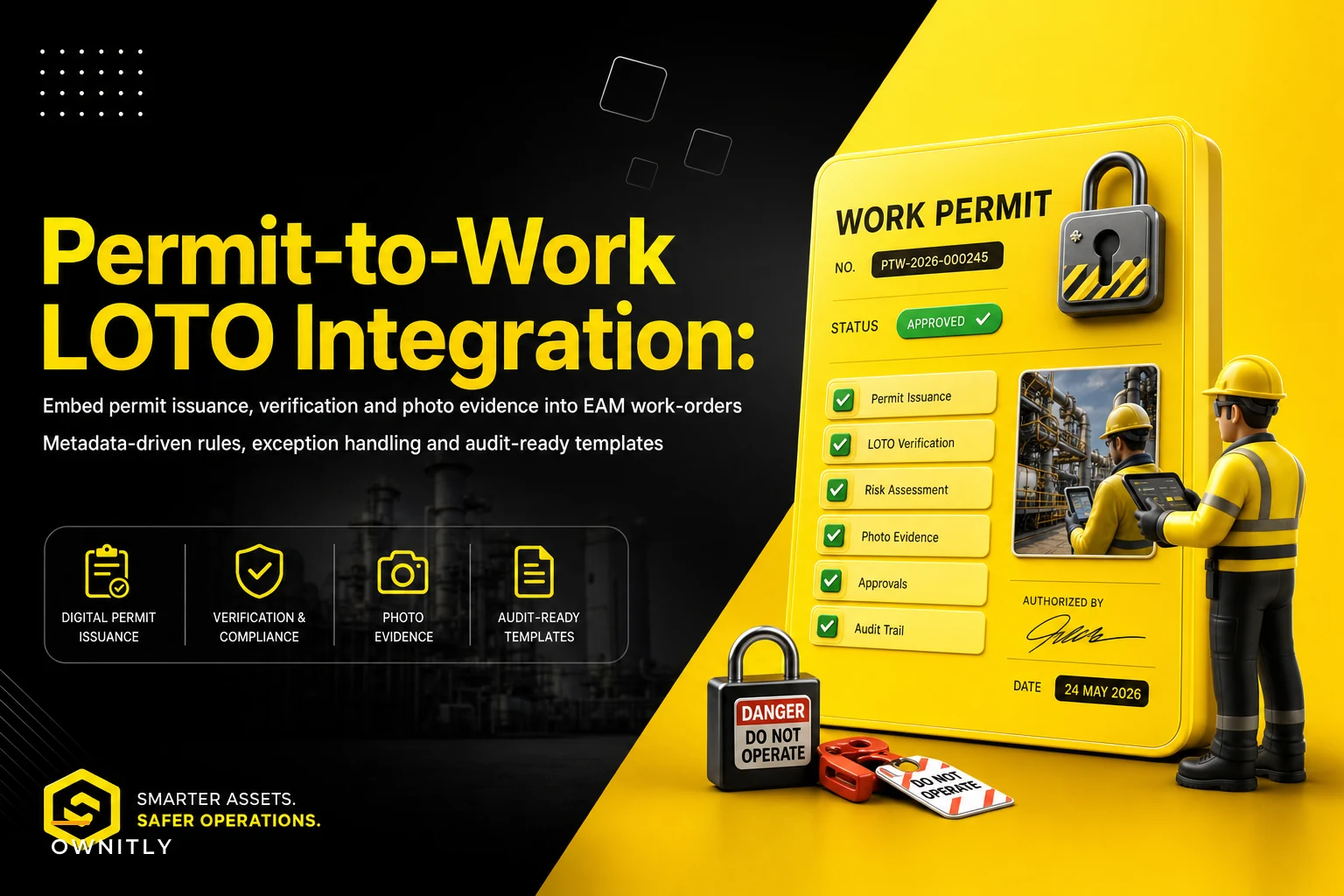 Embed permit-to-work & LOTO into the work-order lifecycle: metadata, verification and audit-ready templates