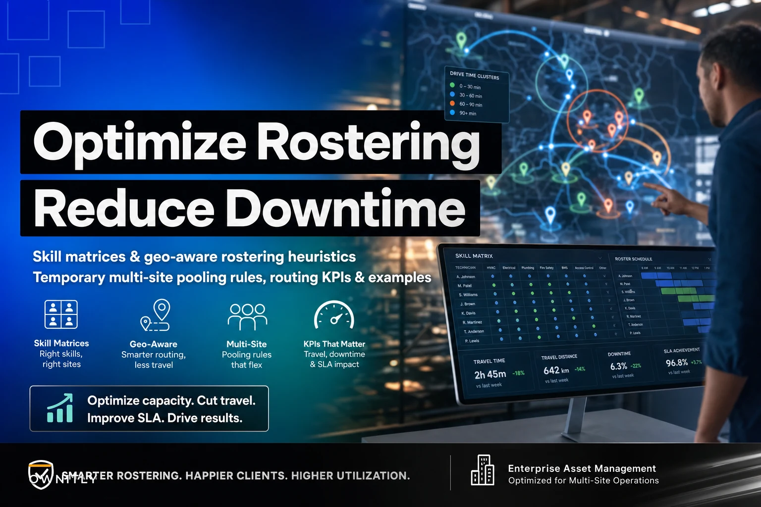 Optimize multi-site skill rostering: skill matrices, geo-aware rostering heuristics and travel-downtime KPIs