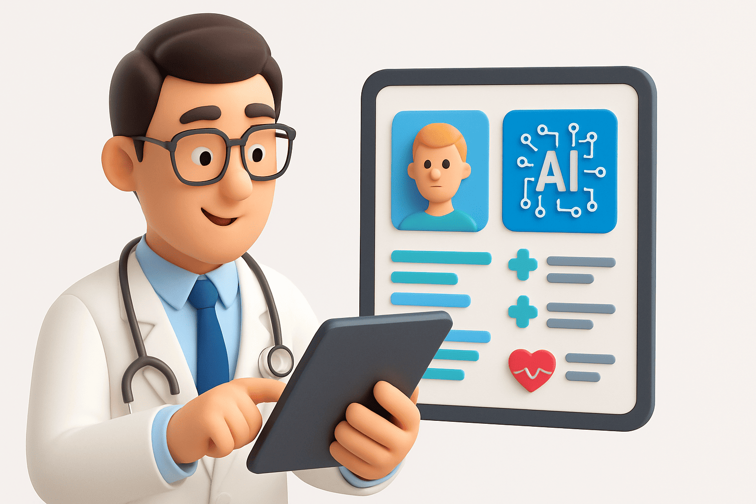 A doctor looking at a tablet displaying AI-generated diagnostic suggestions and patient data.