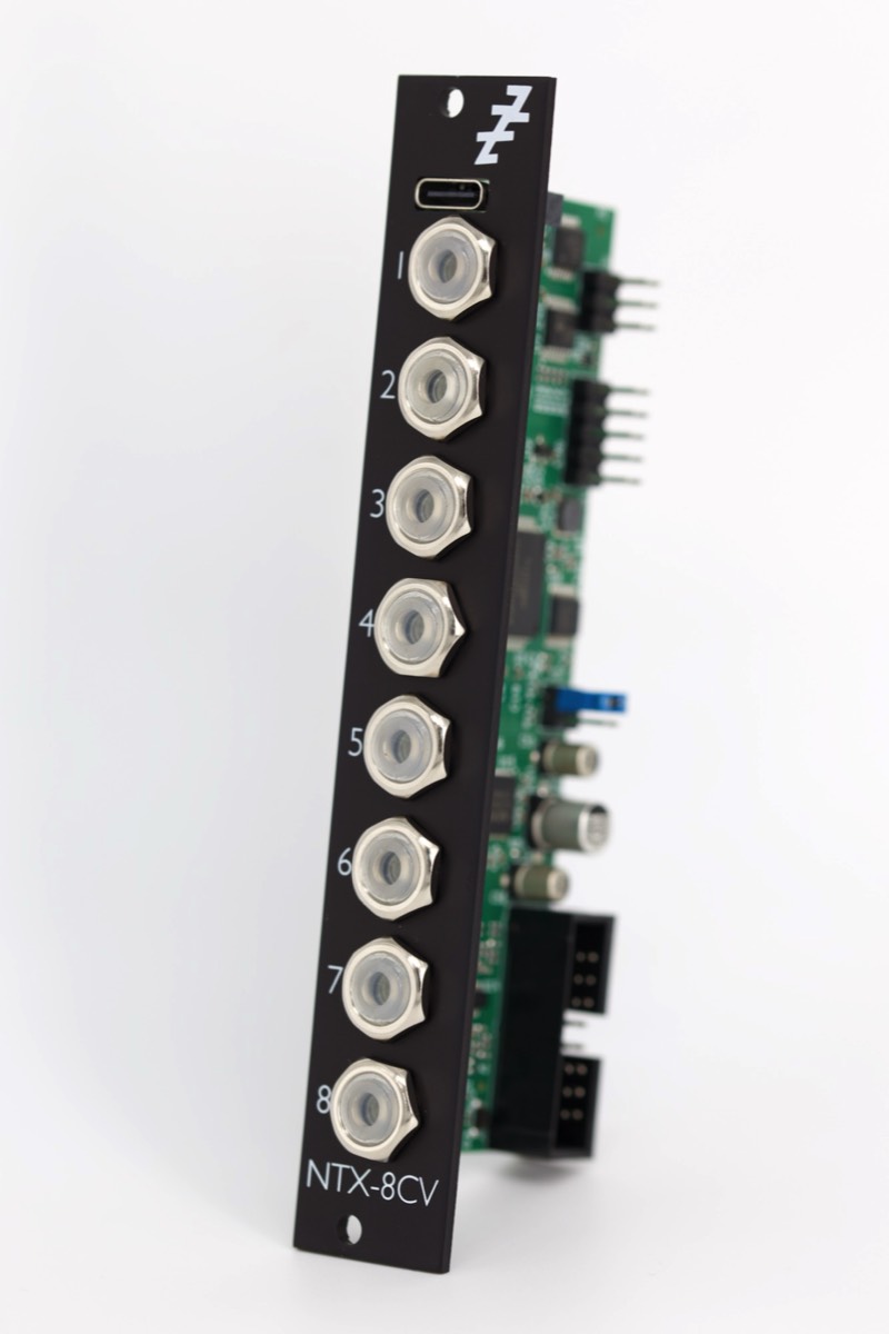 The NTX-8CV occupies 4HP and provides eight DC-coupled outputs from a single USB-C connection. Credit: Expert Sleepers Ltd.