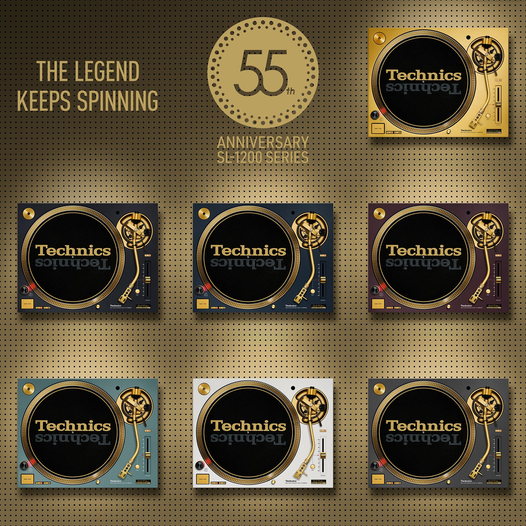Sieben Farben, gemeinsame Gold-Details: die SL-1200 55th Anniversary Edition. Credit: Technics / Panasonic.