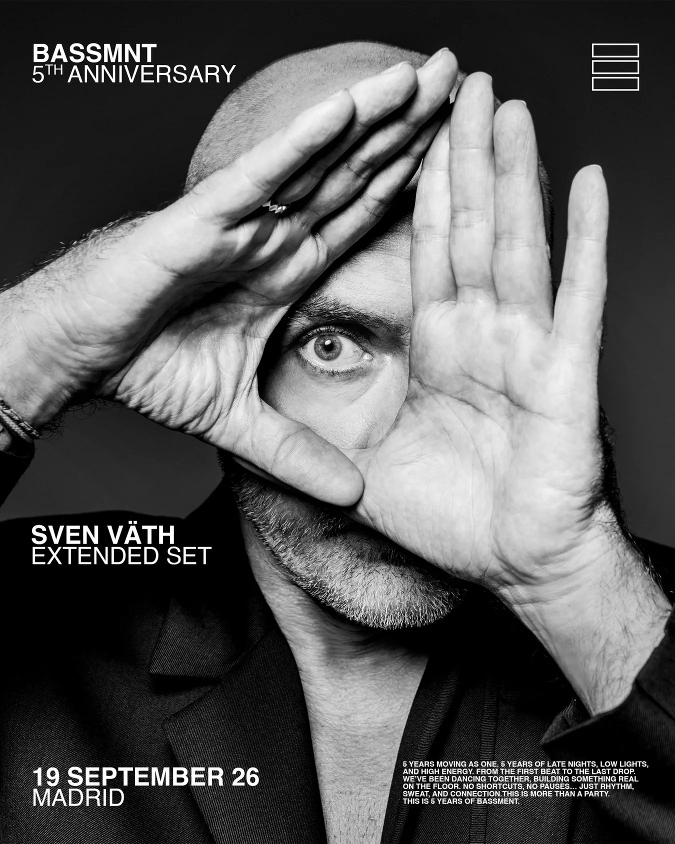Cartel del quinto aniversario de BASSMNT Club con Sven Väth en Madrid