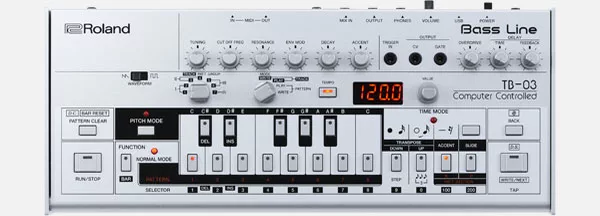 Roland’s TB-03 preserves the core 303 control layout while adding MIDI, USB, CV/Gate, effects and a more readable programming workflow.