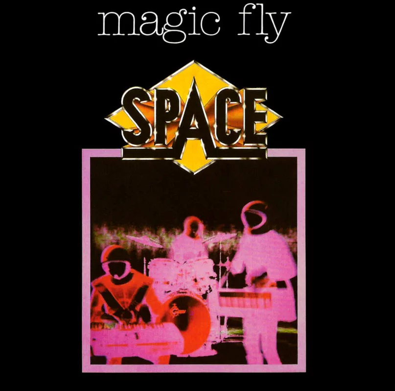 Original 1977 Magic Fly artwork by French electronic group Space, featuring the band in futuristic stage costumes